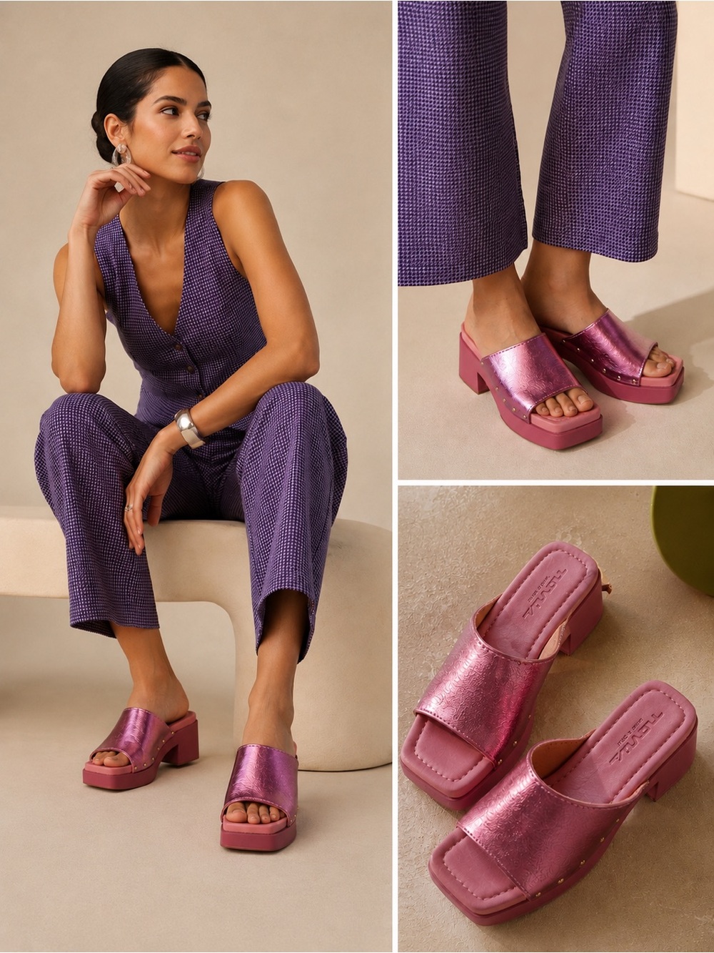 Novus Pink Leather Metallic Platform Slide Sandals